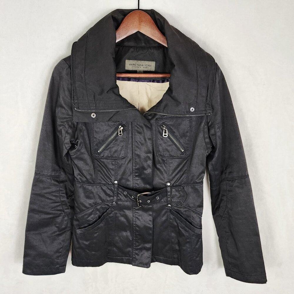 Andrew Marc Moto Jacket Women S Black Belted Zippers Trench Warm Lining Hood